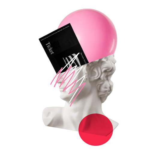 Half hoofd sculptuur met een VHS-band en een roze bal en een rode cirkel over de hals