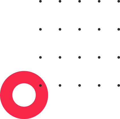 Zwart uitgelijnde stippen die een vierkant vormen + linksonder een cirkel met een dikke rode rand en een witte achtergrond