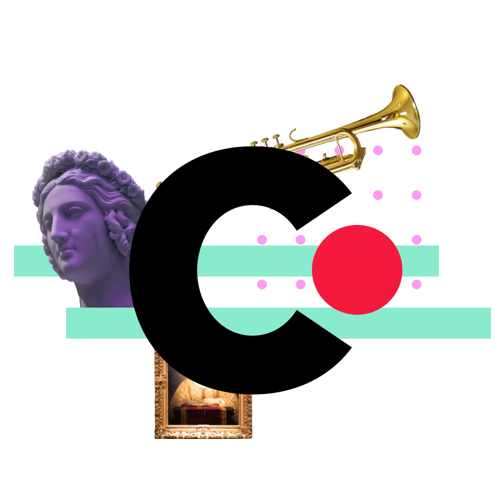 Superposition de plusieurs images : logo noir Culturius, tableau, sculpture et trompette