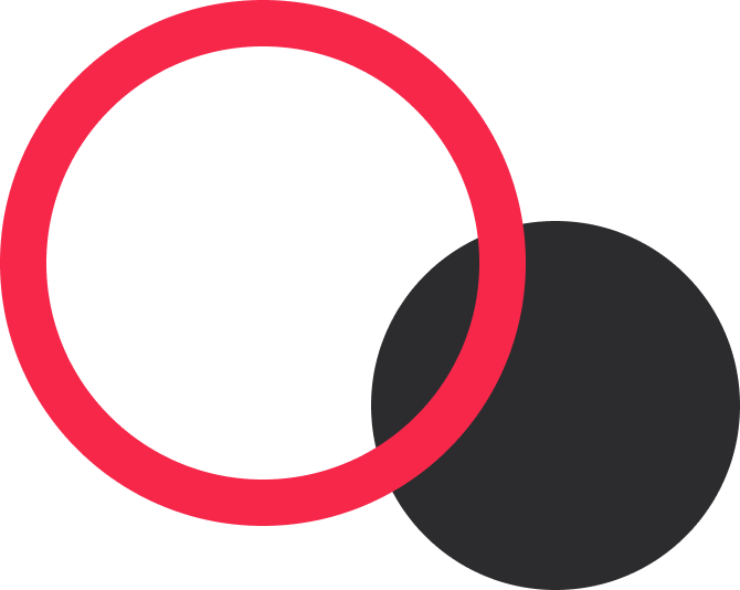 Een superpositie van twee cirkels: een lege cirkel binnenin met een dikke rode rand en een gevulde zwarte cirkel
