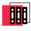 Superposition de deux carrés dont un rouge et blanc à bordure noire avec un icône de 3 fichiers en blanc et noir par-dessus