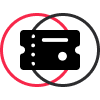 Kaartje in het midden van twee kruisende cirkels met een witte achtergrond, een zwarte en een rode omtrek