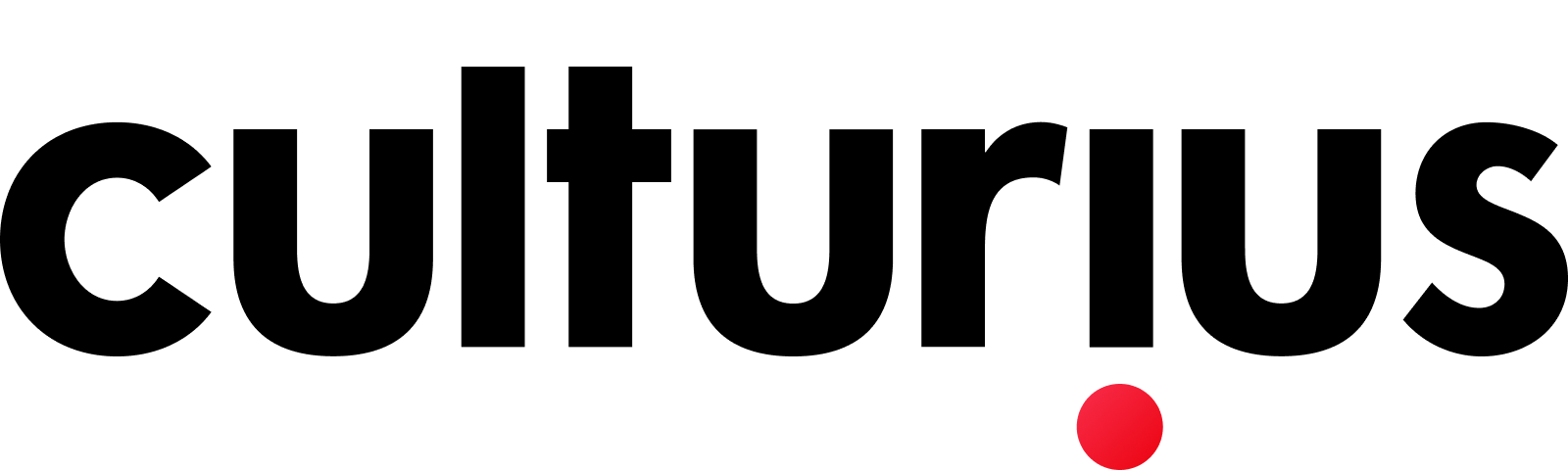 Culturius logo volledig zwart geschreven en een grote rode punt omgekeerd van de i naar beneden