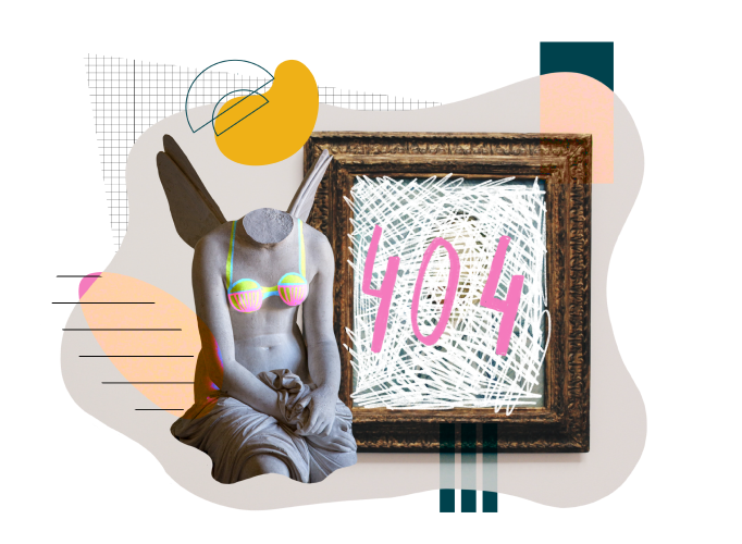 Sculpture of an angel woman with her cut off head next to a painting with the error message 404