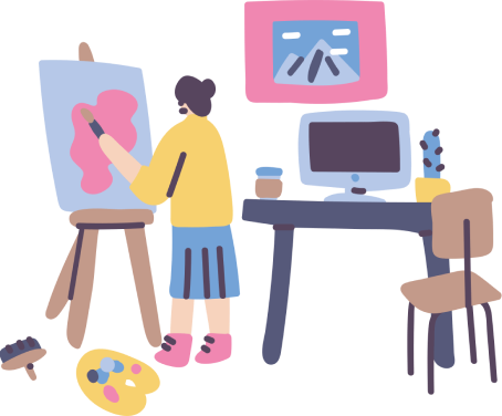 A painter at work in her studio in animated version
