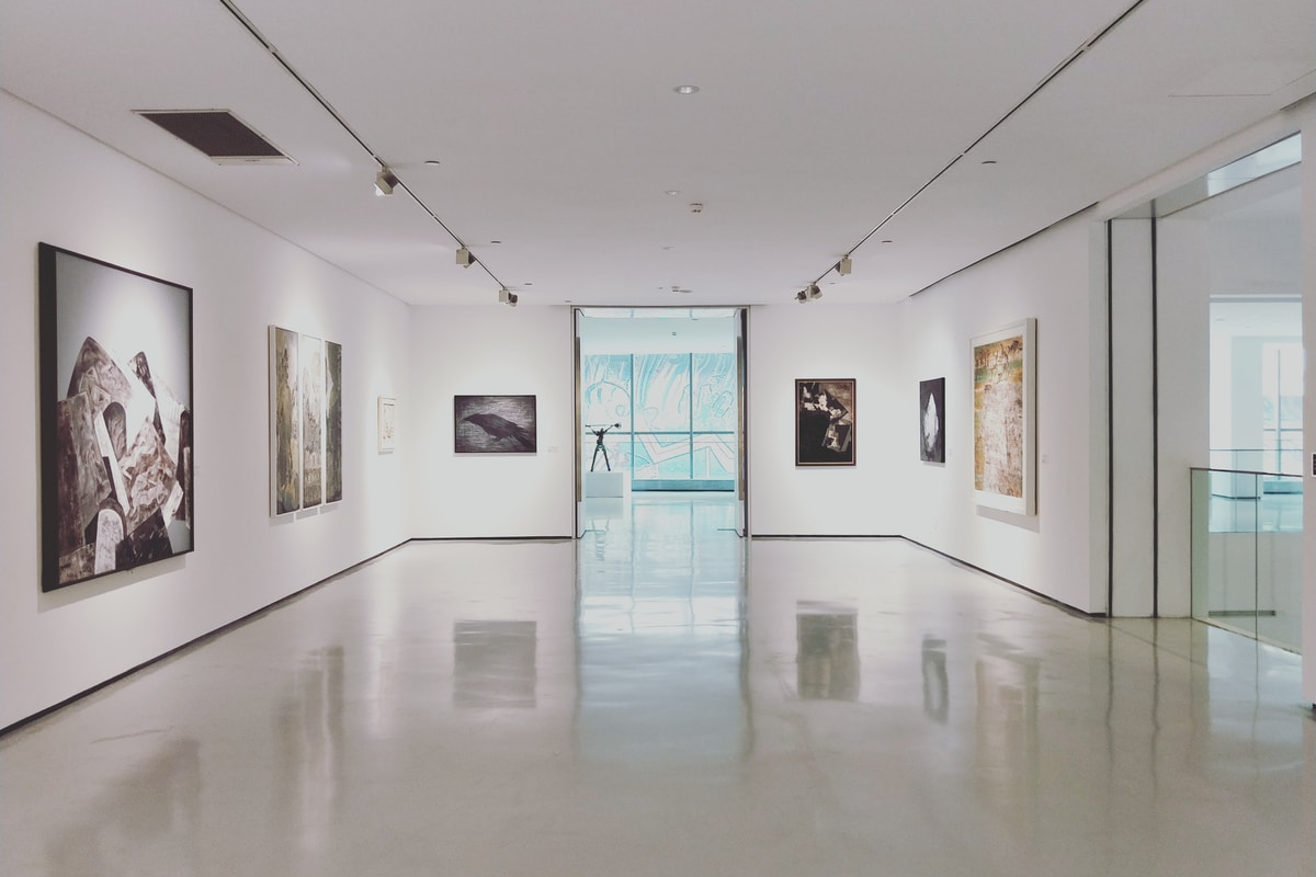 Contemporary art gallery with white walls