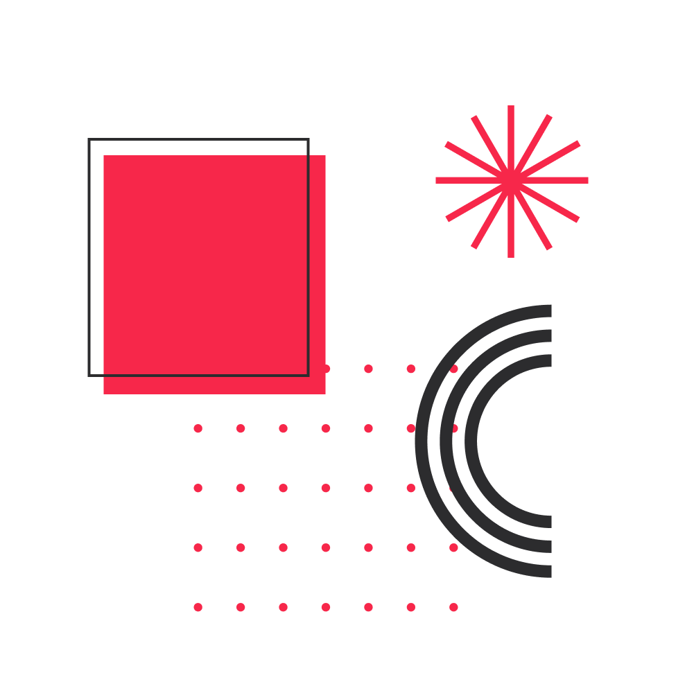 superposition d'éléments graphiques de Culturius : carré rouge, carré à points rouges, demi-cercle noir et astérisque rouge