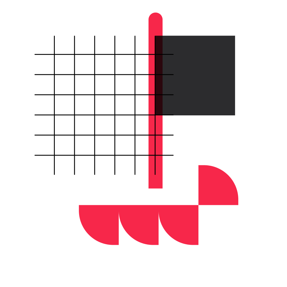 superposition d'éléments graphiques de Culturius : carré noir, grille noire, camemberts rouges et une ligne verticale rouge