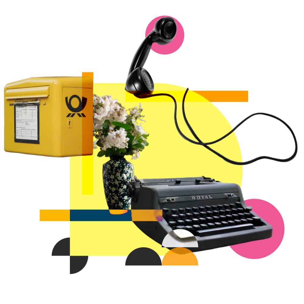 An superposition of images: telephone, flowerpot, typing and postbox
