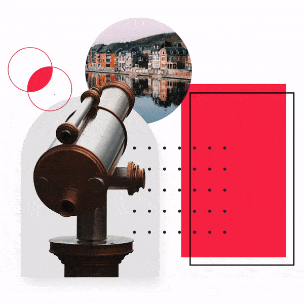 Loading icon from one city to another with a telescope zooming in on tourist spots in Brussels,Luxembourg and Paris