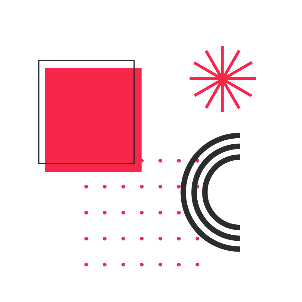superposition of Culturius graphic elements: red square, red square dot , black semicircle and red asterisk