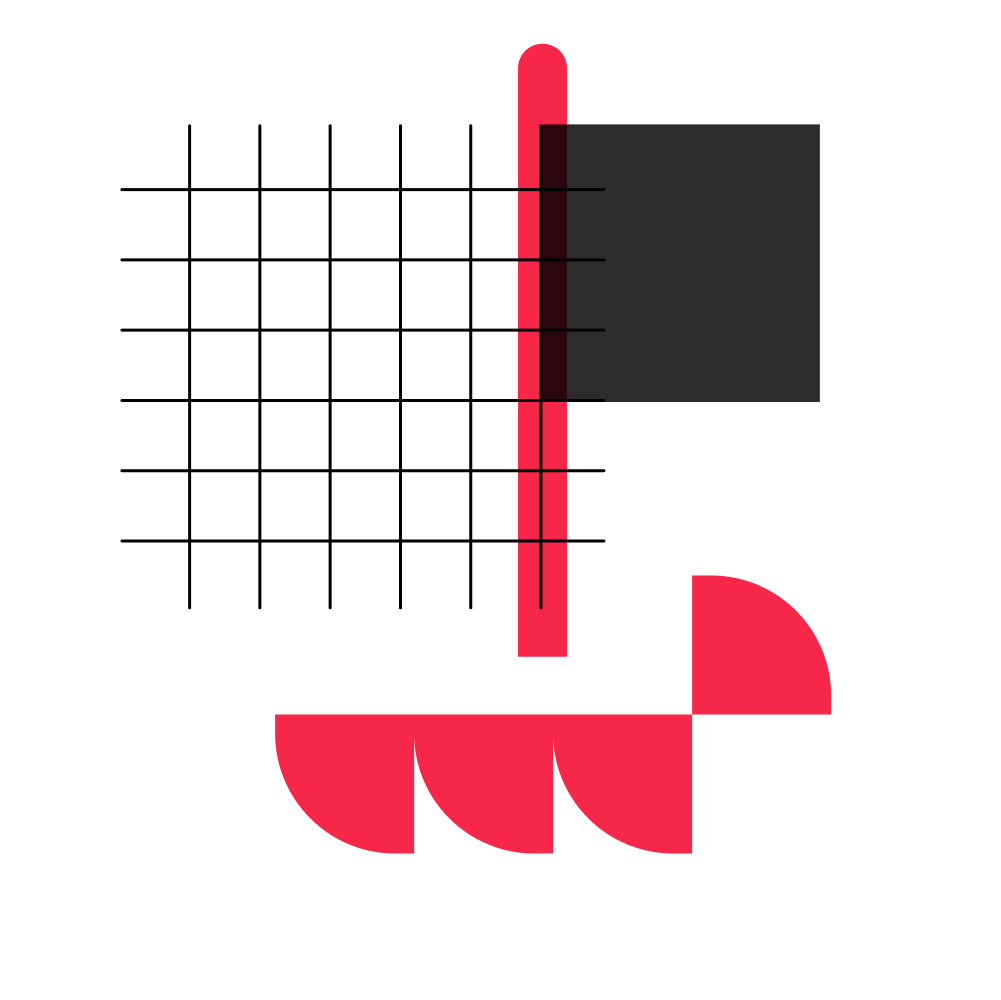superposition d'éléments graphiques de Culturius : carré noir, grille noire, camemberts rouges et une ligne verticale rouge